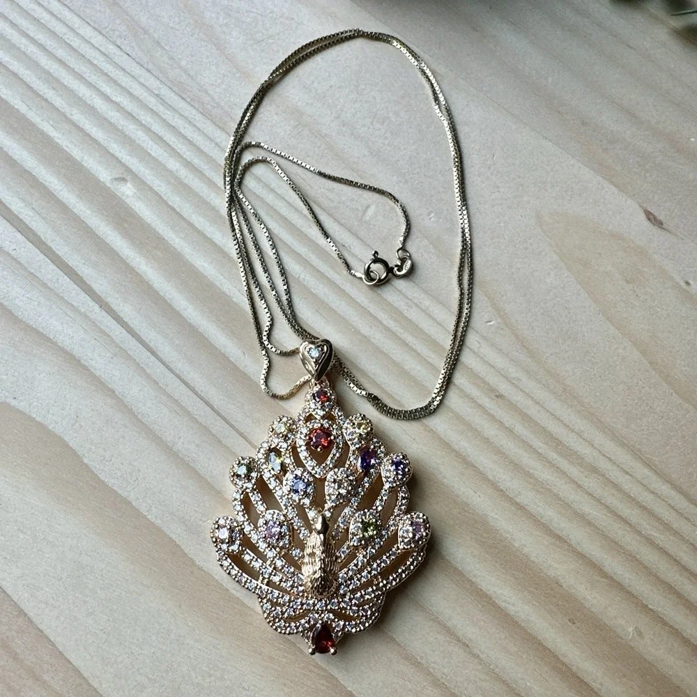 VTG Peacock Pendant Necklace 15 Inch Multi Lab Created Gems Sterling Italy Chain